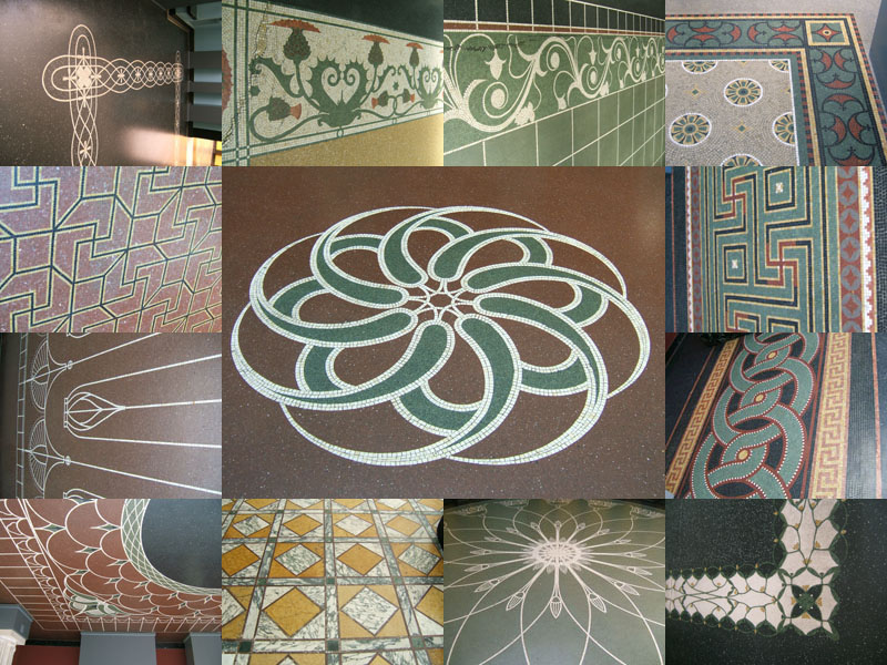 Composite picture showing many floor patterns in the Glyptotek.